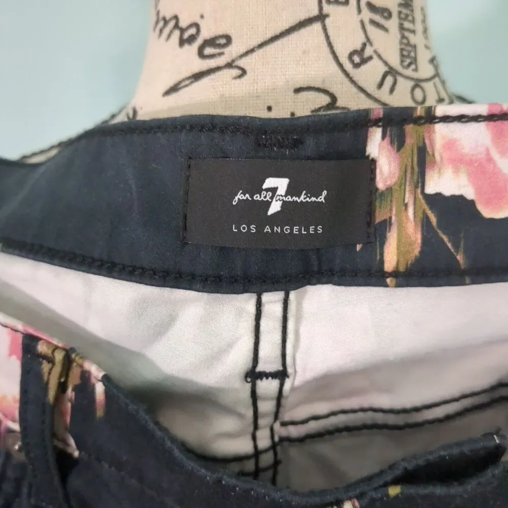 7 For All Mankind Black Floral Print Skinny Pants sz 32